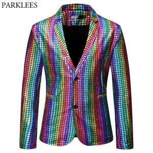 Mens Stylish Dancer Stage Blazer Jacket Gold Silver Rainbow Plaid Sequin Blazer Male Disco Festival Carnaval Party Prom Costumes 210522