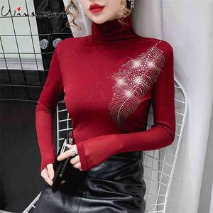 Spring Turtleneck Tshirt Women Girls Red Black Solid Tops Diamonds Bling Slim Stretchy Long Sleeve T0D501A 210421