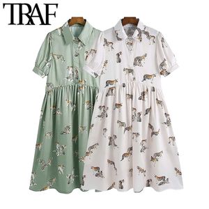 女性のシックなファッションボタンと動物プリントシャツのドレスビンテージラペルカラー半袖女性のドレスvestidos 210507