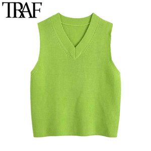 Women Fashion With Ribbed Trims Knitted Vest Sweater Vintage V Neck Sleeveless Female Waistcoat Chic Tops 210507