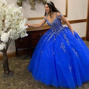 Потрясающие синие платья Quinceanera 2021, с открытыми плечами и бисером, сладкие 16 платья, пышное платье для юниоров больших размеров 326 326