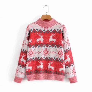 Evfer Women Autumn Elk Knitted Pullover Holiday Tops Female Casual Long Sleeve O-Neck Christmas Sweaters Ladies Warm Knitwear Y1110