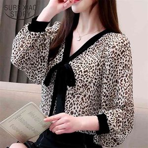 Moda Mulheres Blusas Leopard Imprimir Chiffon Camisa Curva V Collar Escultor Manga Longa Camisas 2459 50 210506