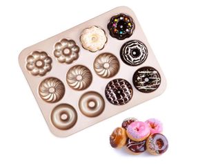 Donut Mold Cake Bakning Pan 12-Cavity Non-stick Carbon Steel Donut Mold Bakeware Bricka för ugn champagne guld