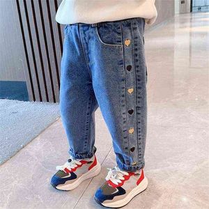 2021 Winter Girls Casual Thick Warm Fleece Jeans Pant Baby Kids Children Love Embroidery Denim Trousers G1220