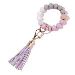 Tassels Träpärla Keychain Silikonpärlor Armband Party Favor Läder Key Ring Matkvalitet Silicon Wrist Keychains Pendant Dhj55