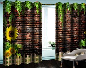 3d Mural Curtain Emerald Green Plant Flowers Hanging On Red Brick Wall Digital Printing Interior Decoration Practical Curtains & Drapes