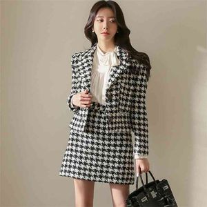 Autunno Set due pezzi Donna Ufficio Pied de poule Donna Manica lunga Giacca in tweed Cappotto + Gonna corta aderente 210519