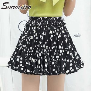 SURMIITRO Summer Mini Pleated Skirt Women Korean Style Black Floral Ruffles High Waist Aesthetic Female Skirt For Teenagers 210712