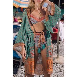 Jastie Hippie Chic Maxi Kimono Camicia Stampa floreale Cardigan lungo Giacca con maniche a pipistrello Cintura Donna Giacche Camicia Camicetta casual Top 210419