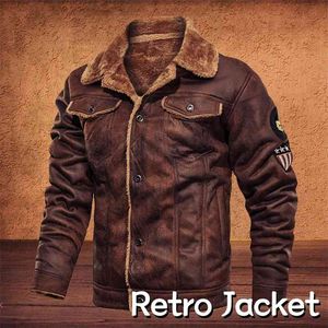 Mens Jackor och Coats Retro Style Suede Läder Jacka Män Läder Motorcykel Jacka Fur Fodrad Varm Coat Vinter Velvet Overcoat 210901