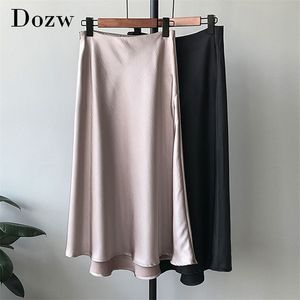 Elegant Solid Long Skirt Summer Autumn High Waist Casual Loose s Lady Office Wear Vintage Mujer Faldas 210515