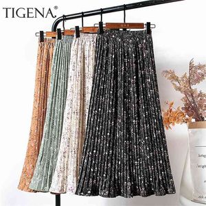 TIGENA Floral Print Long Pleated Chiffon Skirt Women Fashion Spring Summer Korean Casual High Waist Female with Lined 210629