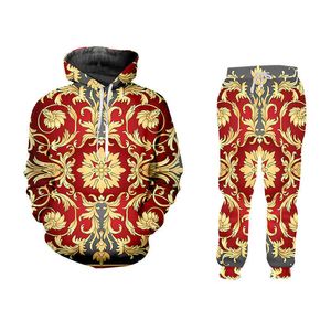 Men's Set Casual 2 Piece Sets 3D Gold Flower Print Harajuku Hoodie And Jogger Pants Luxury Royal Floral Oversize Women Tracksuit X0909