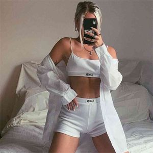 NCLAGEN Gothic Angel Letter Embroidery Streetwear Gyms Two Piece Set Mini Crop Top Camisole Sporty Biker Short Tracksuit 210721