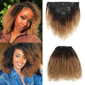 Brazilian Clip in Human Hair Extensions 4A Afro Kinky Curly Bundles T1B 4 27 Ombre Color For Black Women 8pcs 120g set