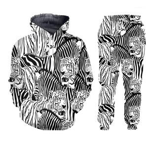 Mäns Tracksuits LCFA Svart Vit Zebra 3D Print Vinter Jackor Svar Sport Knapp T-shirt Byxor 2 Piece Outfits Tracksuit Män / Kvinnor Set