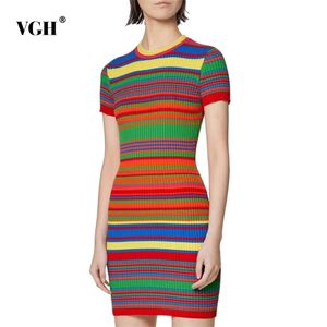 Casual Hit Color Striped Sukienka Dla Kobiet O Neck Krótki Rękaw Wysoki Talia Slim Mini Sukienki Kobiet Lato Moda Stylowa 210531