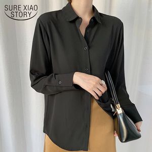 Ofis Bayan Gömlek Kadın Şifon Gömlek Sonbahar Moda Kore OL Stil Kadın Uzun Kollu Gevşek Siyah Bluzlar Tops 7063 50 210417