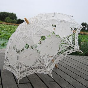 2021 68 cm długim uchwytem Handmade Art Wedding Scallop Edge Haft Czysta Bawełna Koronki Parasol Parasol Parasol Parasol Romantyczny fotografia ślubna