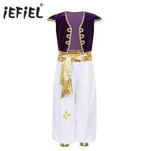 Kids Boys Arabian Prince Lamp Costumes Outfit Cap Sleeves Vest Waistcoat with Pants Set for Halloween Dress Up Cosplay Party Q0910