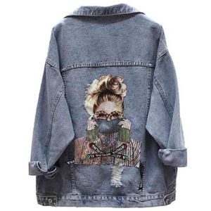 Women Denim Jacket Fashion Streetwear Letter Stylish Chic Printed Ripped Holes Jean Patchwork BF Style Jeans Female Coat 210817