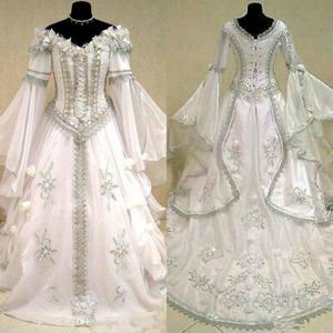 Renässans Royal Wedding Dress Flare Långärmad Häxa Keltisk Tudor Victorian Gothic Holloween Lace-up Corset Bridal Gown Vintage Medeltida Plus Storlek Brudklänningar
