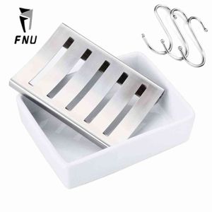 Ceramic White Soapes Dish Stainless Steel Shower Soap Holder Double Layer Soap Tray with Drain + 3PCS Towel Hooks 211119