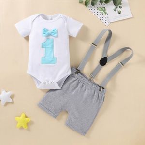 Klädsuppsättningar Baby Boy Clothes Set 1st Födelsedag Outfit Ett år Gentleman Bodysuit Straps Shorts Toddler