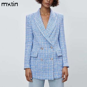 2021 Women's Vintage Plaid Double Breasted T Blazers Coat Women Elegant Office Ladies Long Sleeve Female Outerwear Blaser X0721