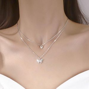 Hänge halsband charm silverfärg blank cz flerskiktsfjäril halsband för kvinnor läckra dubbla skikt klavikel choker kedja smycken smycken