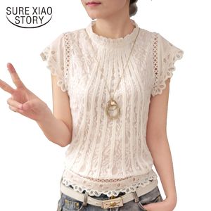 Blusas Femininas Summer Women Fashion Plus Size Crochet Hollow Out Lace Blouse Kortärmad Vit Svart Slim Tops 01c 35 210521