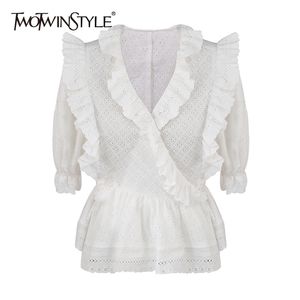 Wzburzyć Biała koszula dla kobiet Hollow Out Puff Krótkie Rękawy Wysoka talia Bluzka Najlepsza Kobieta Wiosna Moda 210524