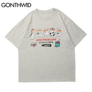 Harajuku t-tröjor tecknad giraff björn kanin ko tee shirt streetwear hip hop japanes stil casual lösa tshirts toppar 210602