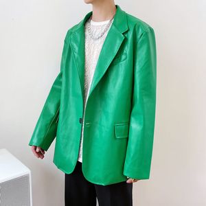 IEFB / Roupas Masculinas Estilo Coreano Cor Brilhante PU Plantral Blazers Masculino Big Size Green Colar Verde Casaco 9Y4037 210524