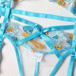 NXY Sexy Zestaw Nowy 3-częściowy Zestaw Biustonosz Kobiety Floral Emphodiery Koronki Blue Bielizna Zestaw Ladies Przezroczysty Biustonosz + Thong Sexy Bielizna 1128