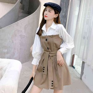 Vår Långärmad Kvinnor Korea Style Loose Casual Overaller Sundress Patchwork Khaki Shirt Klänningar 16W031B 210510