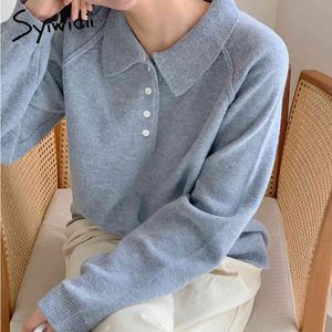 Syiwidii ​​Koreansk tröja Kvinnor Sticka Ribbed Långärmad Fall Fashion Pullovers Fashion Button Casual Vintage Winter Clothes 210417