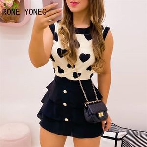 Kvinnor Print Heart Round Neck Top Kjol Set Söt kostym 211105