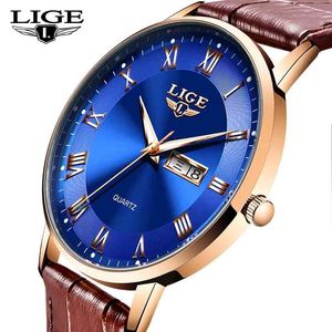 Lige男性を見るトップブランドの高級超薄いスポーツクォーツ腕時計メンズファッションレザー防水カジュアルクロック男性210527