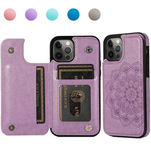 Doppelschnalle Mandala Flip Cases mit Kartensteckplatz für iPhone 13 Pro Max 12 Mini 11 XR Samsung S20 S21 Ultra Note 20 A52 A51 A71 A72 5G Datura Flower Lederhülle