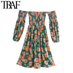 TRAF Women Chic Fashion Elastic Smocked Floral Print Mini Dress Vintage Slash Neck Long Sleeve Female Dresses Mujer 210415