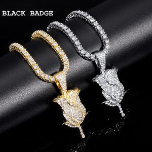 Chains Bling Rhinestone Rose Petals Pendant Necklace For Women Tennis Chain Men 2021 Fashion Flower HipHop Jewelry Gift