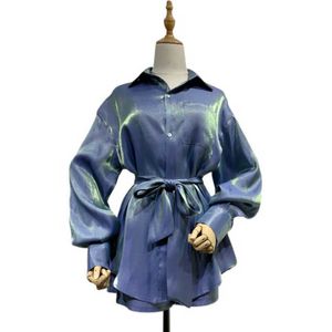 PERHAPS U Women Two Pieces Set Satin Shirt Blue Shorts Sash Polarized Light Colur T0244 210529