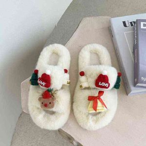 Furry Fur Slides Real Rabbit Fur Tofflor Fluffy Flip Flops Ladies Plush House Tofflor Mysiga Mjuka Flat Sandaler Söt Kvinnor Skor H1115