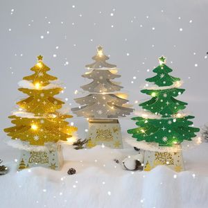 Weihnachtsdekorationen Mini Desktop Weihnachtsbaum Ornamente glänzend 3D Pop-Up-Karte mit Lichtern Weihnachtsdekoration JJA9125