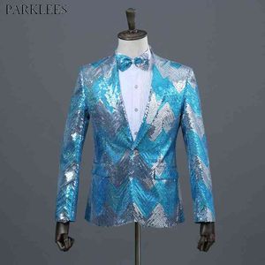 Mens Gradient Sequin Glitter Blazer Jacket Brand One Button Bowtie Included Blazer Hombre DJ Wedding Party Stage Singer Costumes 210522