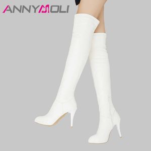 Anminoli wysoki obcas na kolanach buty uda wysokie buty damskie buty zimowe okrągłe palce długie buty zip sexy samice buty biały y0914