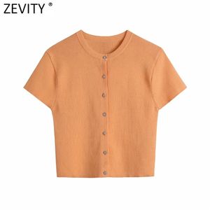 Donne di Zevity Semplice o collo manica corta arancione colore arancione maglione maglia maglia femmina chic bottoni diamante cardigan cappotto top sw807 210805