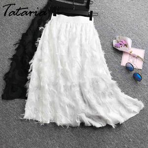 Tataria Chiffon перо кисточкой юбка для женщин высокая талия линия белый MIDI элегантный тонкий женский женщин 210514